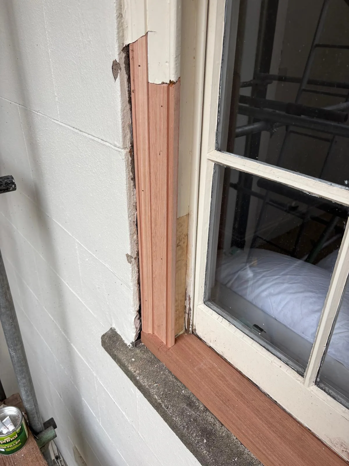 Replacement timber fitted around a sash window.