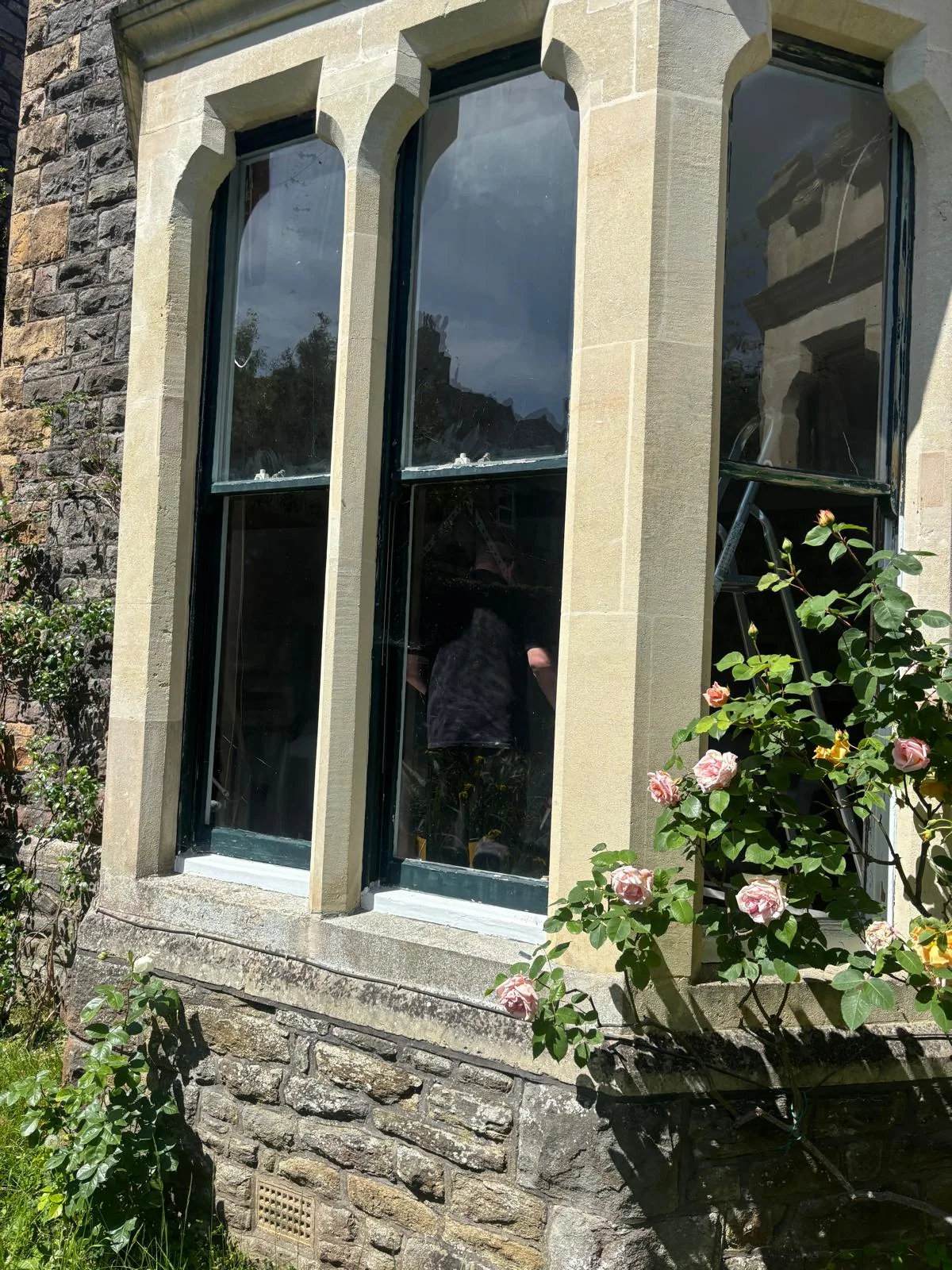 Repaired tall sash windows in a stone facade with climbing roses.